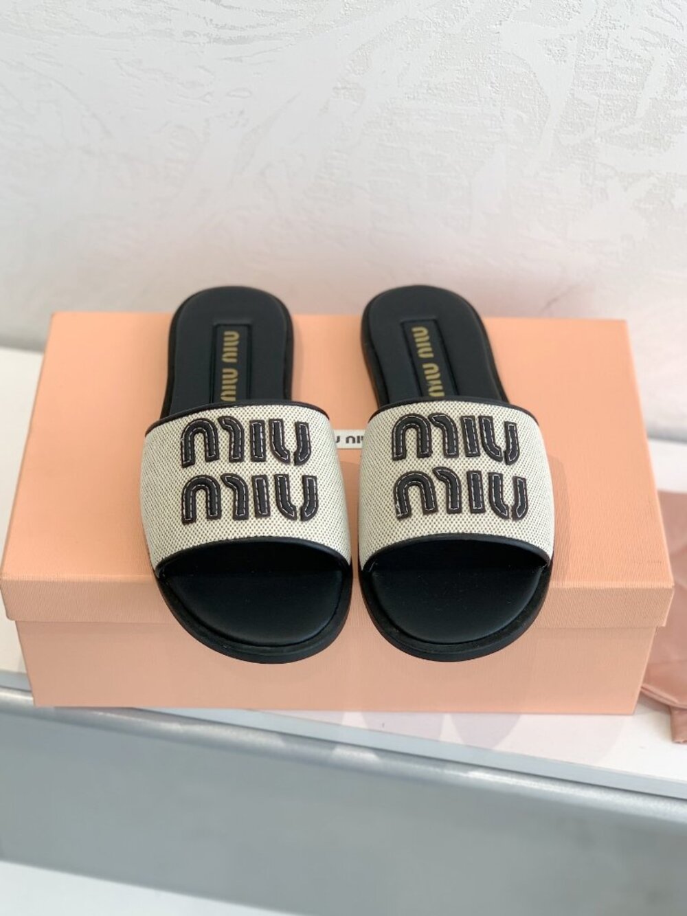 Miu Logo Embroidered Canvas Slide Sandals